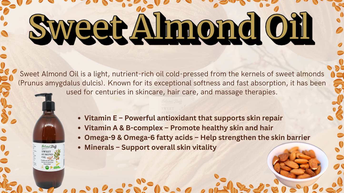 Advertisement for sweet almond oil with a bottle and almonds on a beige background