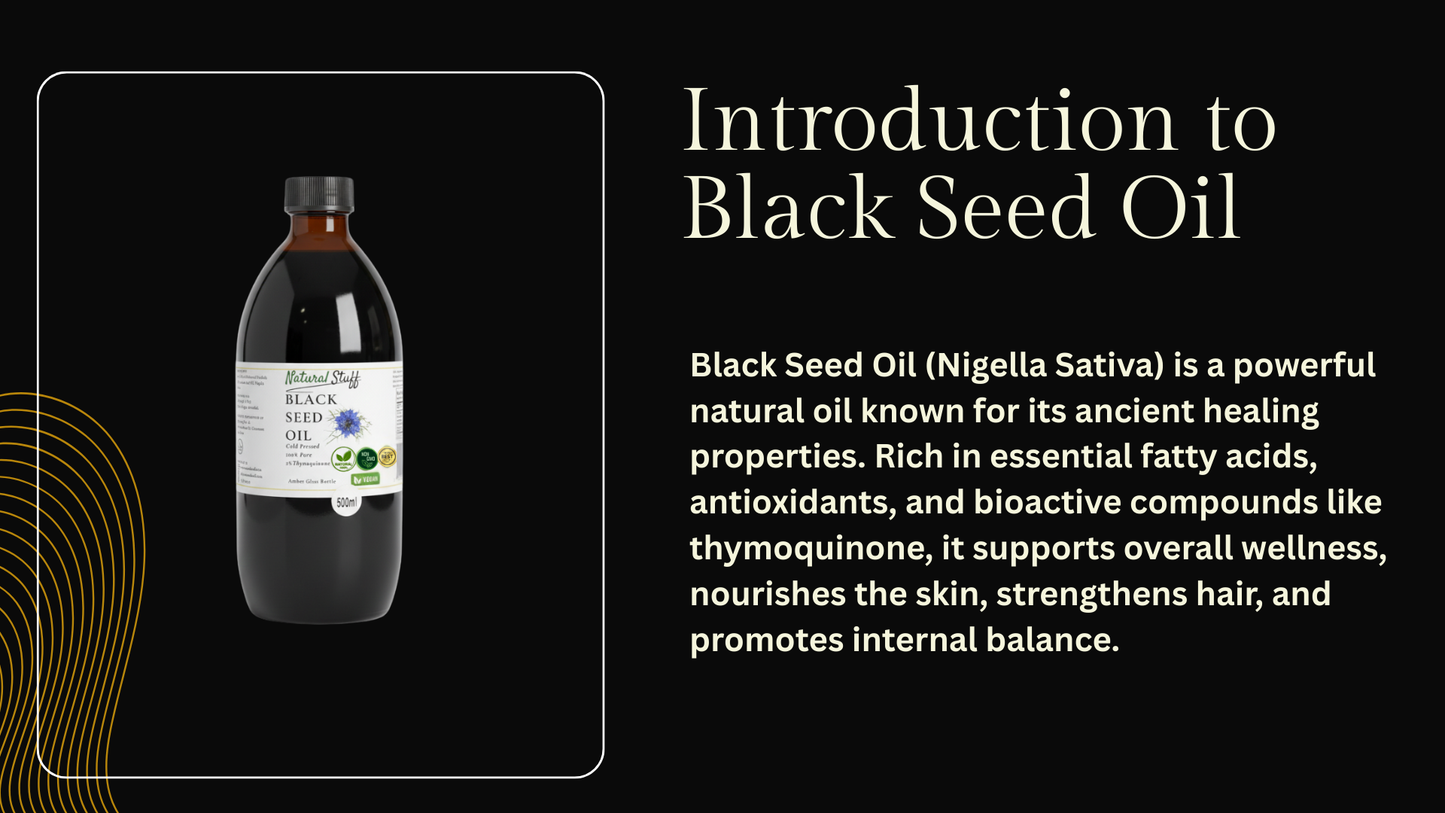 Bottle of black seed oil with text about its properties on a black background