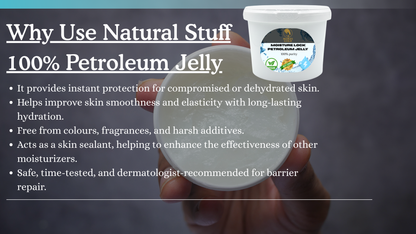 Petroleum jelly container with text about its benefits on a blurred background
