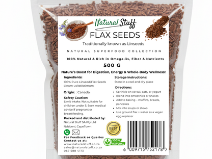 Bag of Natural Stuff Flax Seeds with label on a white background