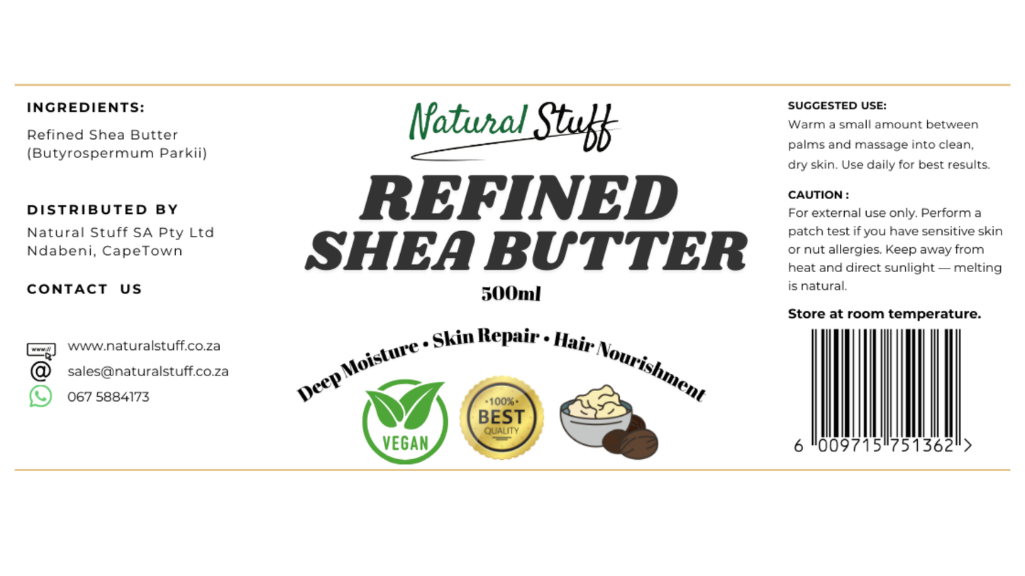 Label of Natural Stuff refined shea butter with ingredients, distribution details, and usage instructions.