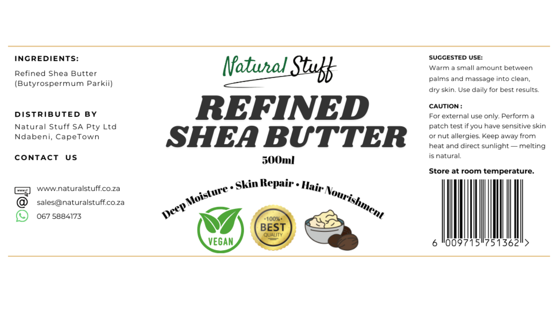 Label of Natural Stuff refined shea butter with ingredients, distribution details, and usage instructions.