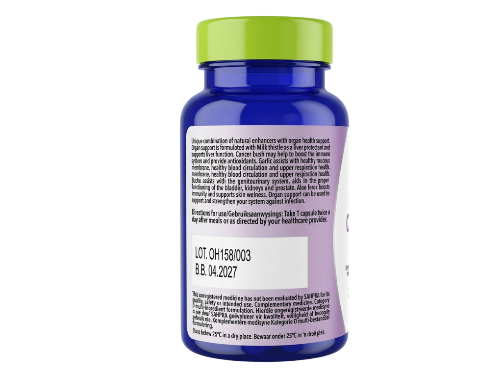 Blue supplement bottle with green cap on a white background
