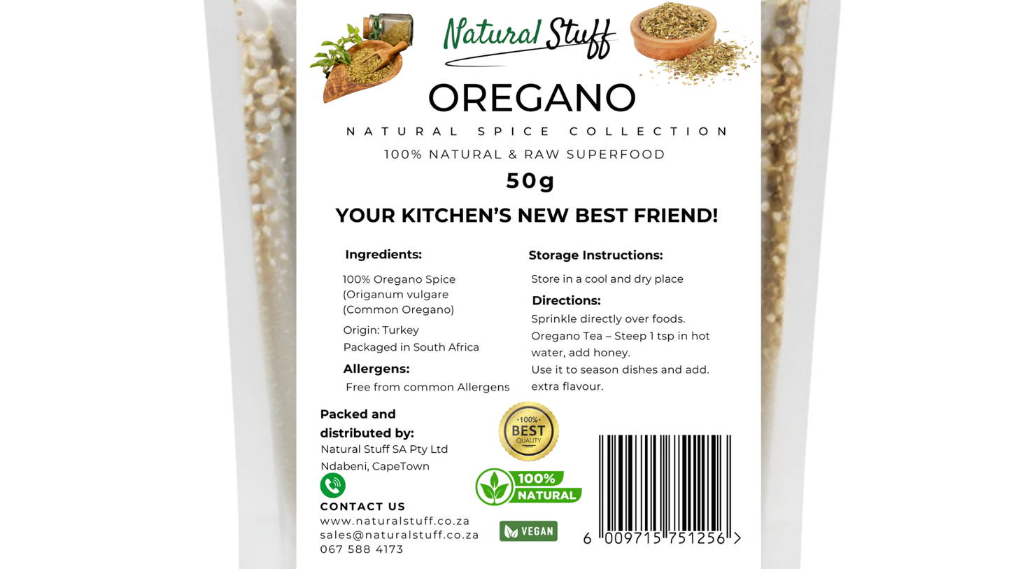 Oregano spice package with label on a white background