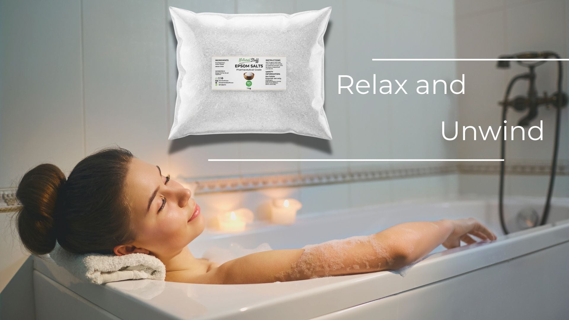 Bag of Epsom Salt with a women relaxing in a bath as the background