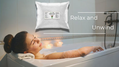 Bag of Epsom Salt with a women relaxing in a bath as the background