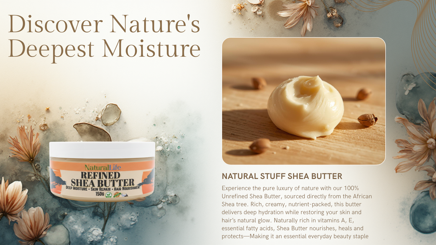 Shea butter product with natural elements and text about moisture and shea butter benefits.