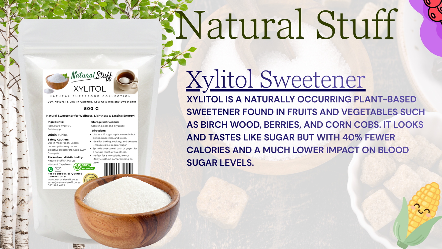 Xylitol sweetener packaging with text about its natural occurrence and benefits.