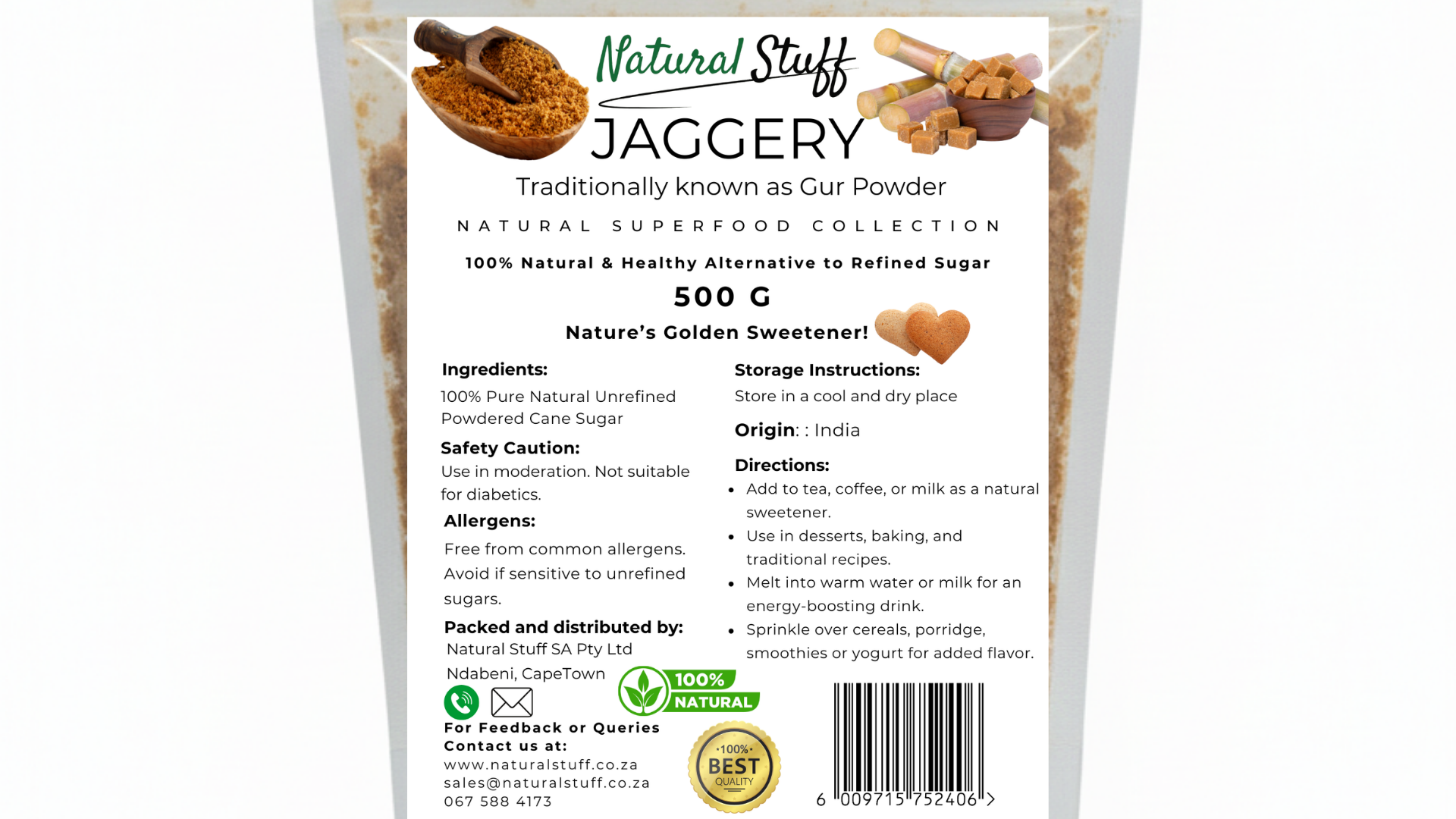 Package of Natural Stuff Jaggery with text and images on a white background