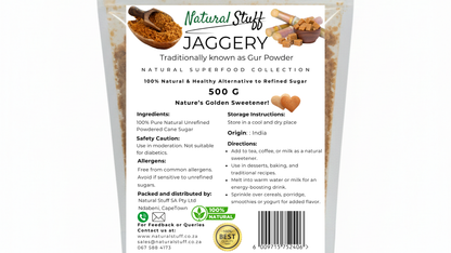 Package of Natural Stuff Jaggery with text and images on a white background
