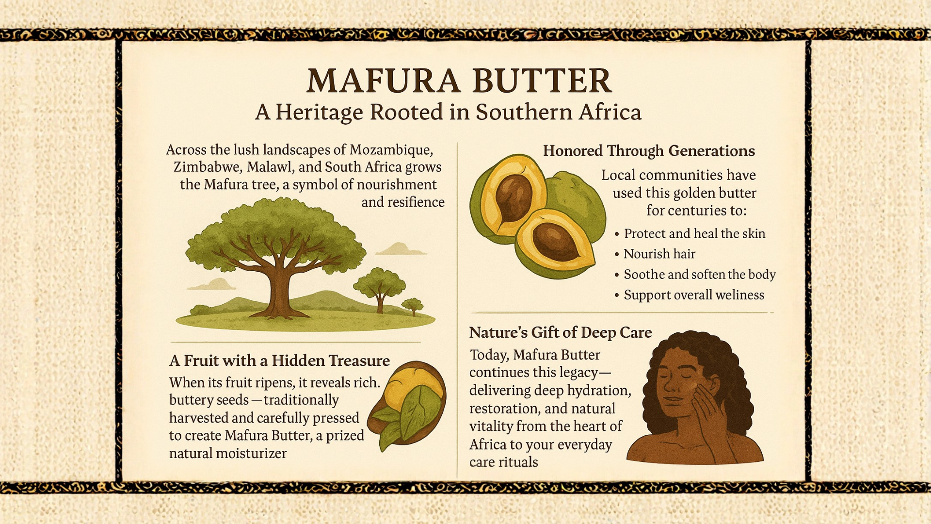 Advertisement for Mafura Butter with text and images of avocados and a person.