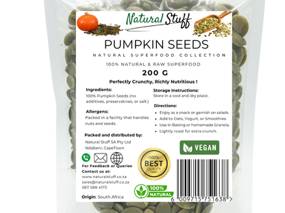 Pack of pumpkin seeds with 'Natural Stuff' branding on a white background
