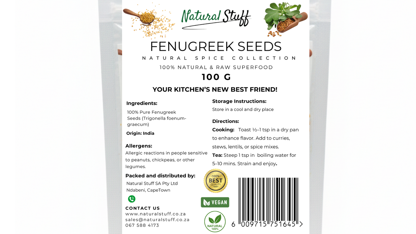 Package of fenugreek seeds with label on a white background