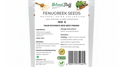 Package of fenugreek seeds with label on a white background