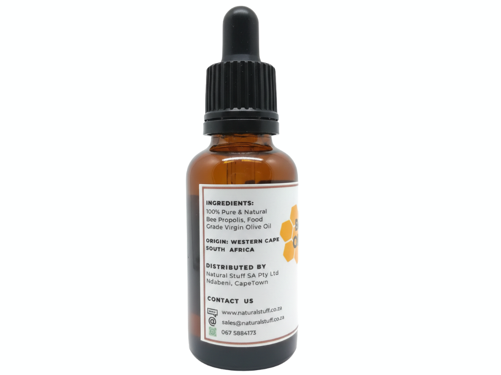 Brown glass bottle with dropper labeled 'Natures Stuff' on a white background