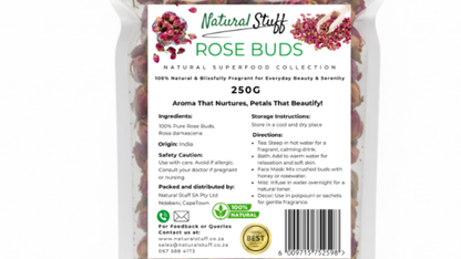 Packaged rose buds with a label indicating 'Natural Stuff' brand and product details.