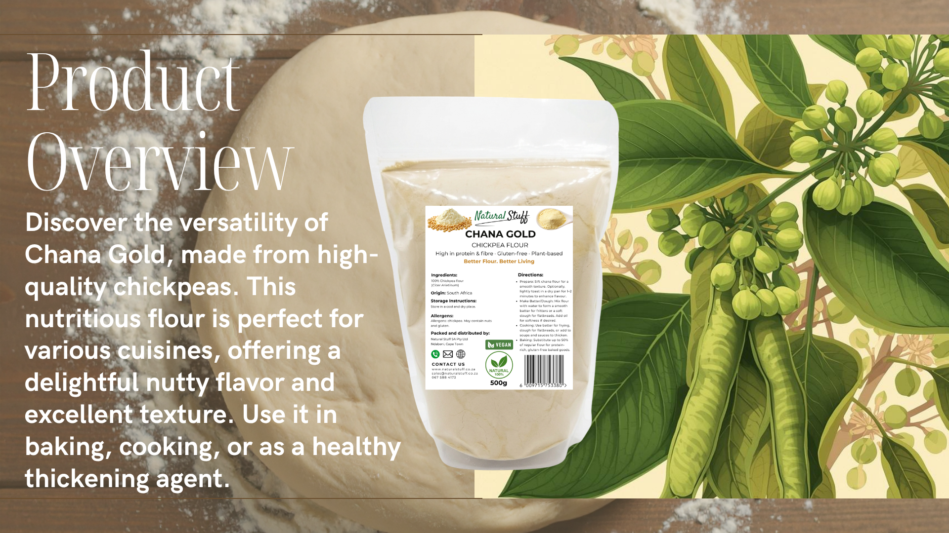 Chana Gold chickpea flour packaging with botanical illustration and product description text.
