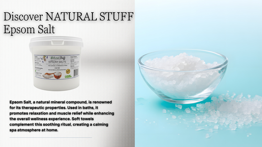 Epsom Salt container and bowl on a light blue background with text about its therapeutic properties.