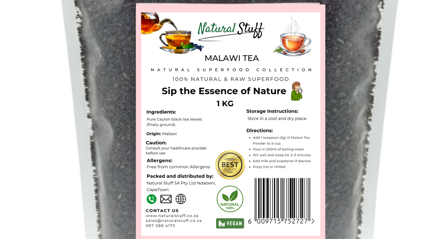 Tea package with 'Natural Stuff' branding and Malawi Tea label on a white background
