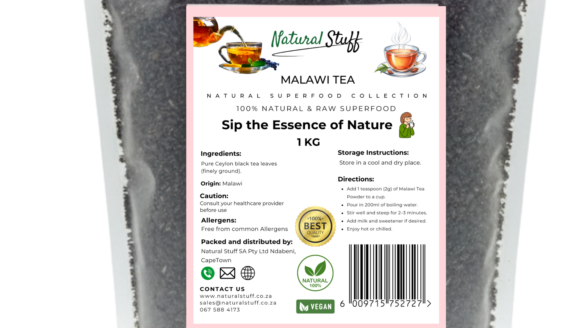 Tea package with 'Natural Stuff' branding and Malawi Tea label on a white background