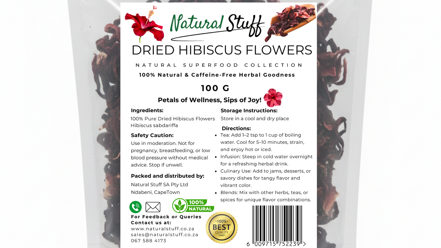 Package of Natural Stuff Dried Hibiscus Flowers with label and branding.