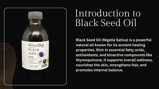 Bottle of Natural State Black Seed Oil with text about its benefits on a black background