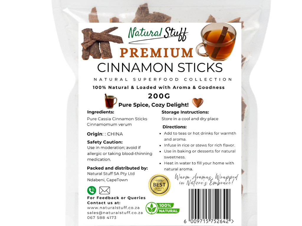 Package of Natural Stuff Premium Cinnamon Sticks with branding and product details.