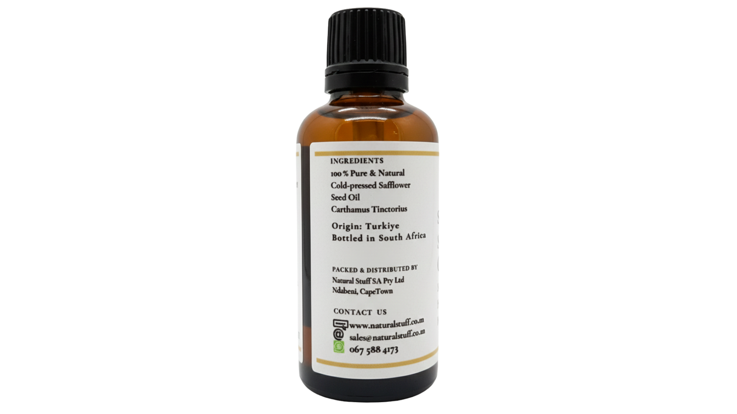 Bottle of natural oil with a white label on a white background