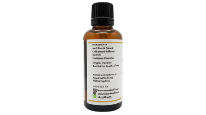 Bottle of natural oil with a white label on a white background