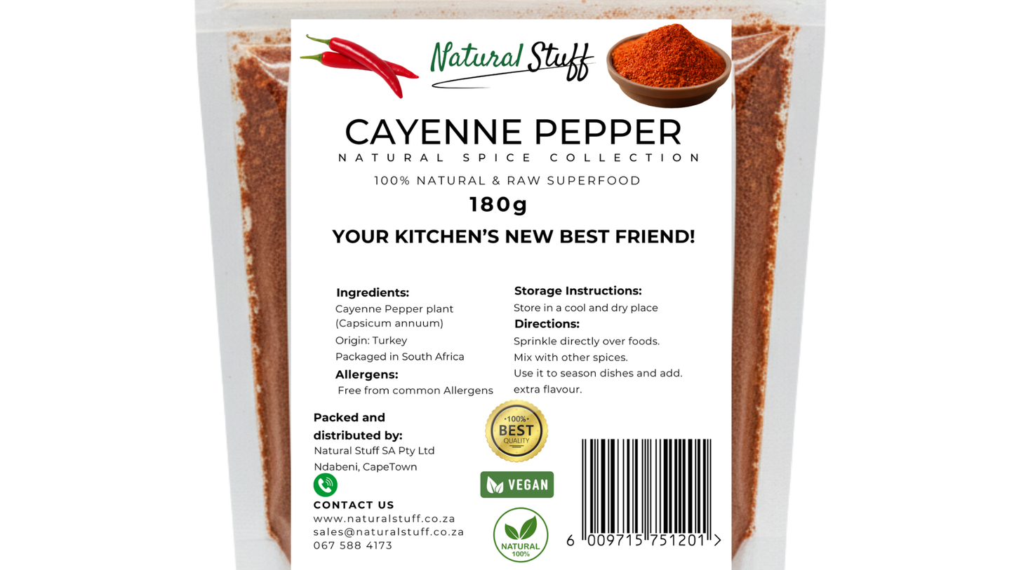 Package of cayenne pepper from Natural Stuff on a white background
