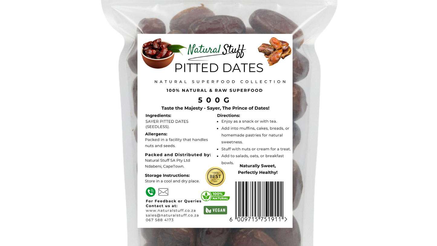 Packaged pitted dates with a label on a white background