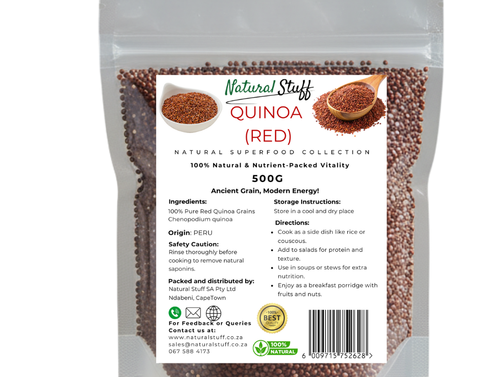Package of Natural Stuff Red Quinoa with label and quinoa grains visible