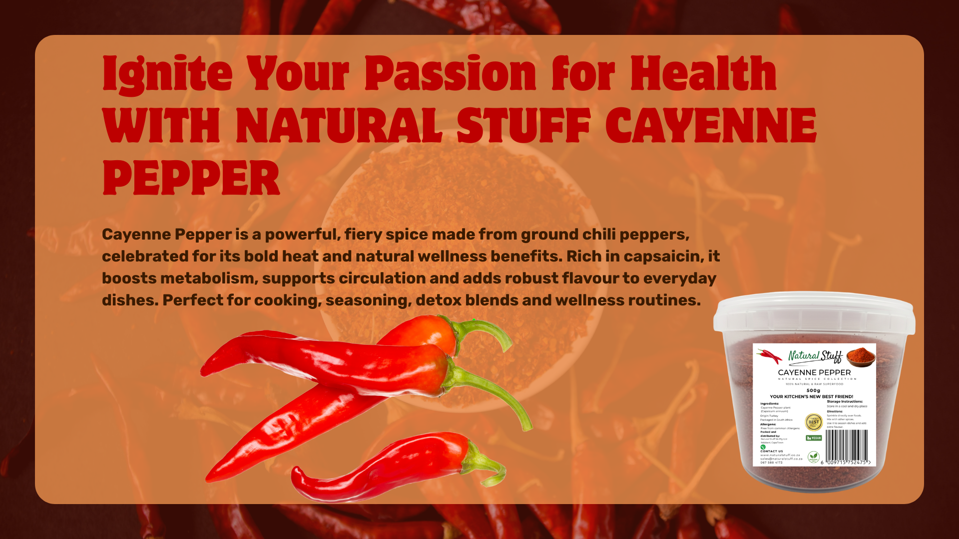 Advertisement for Cayenne Pepper with text and a container on an orange background