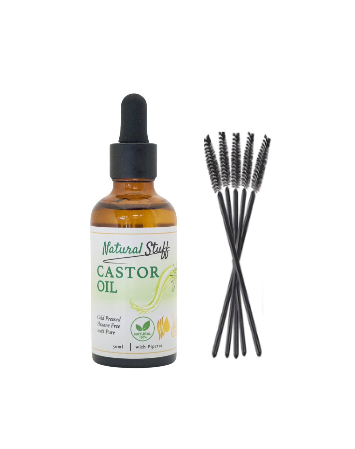 Natural Stuff Premium Castor Oil Cold-pressed Hexane Free 50ml with free 5 Mascara Wands