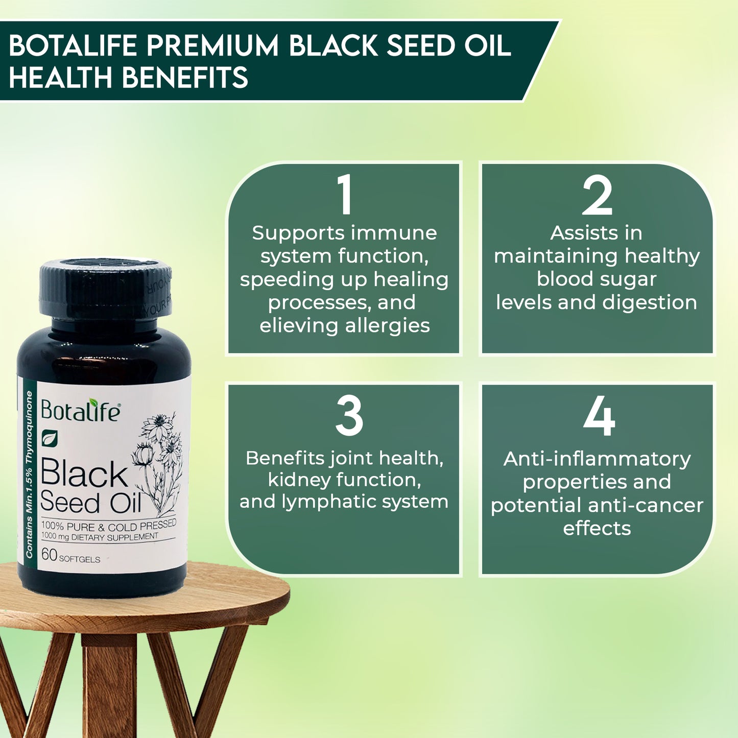 Botalife Premium Black Seed Oil 1000mg Capsules  -a minimum of 1.5% thymoquinone, delivering 3 times more potency than most other black seed oils.