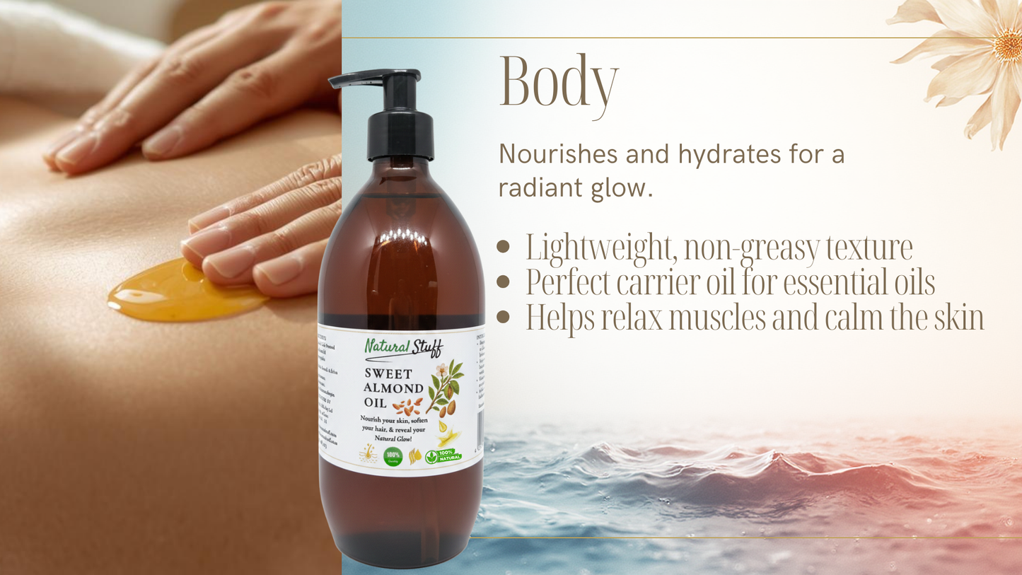 Bottle of sweet almond oil with a hand applying it to skin, set against a scenic background.