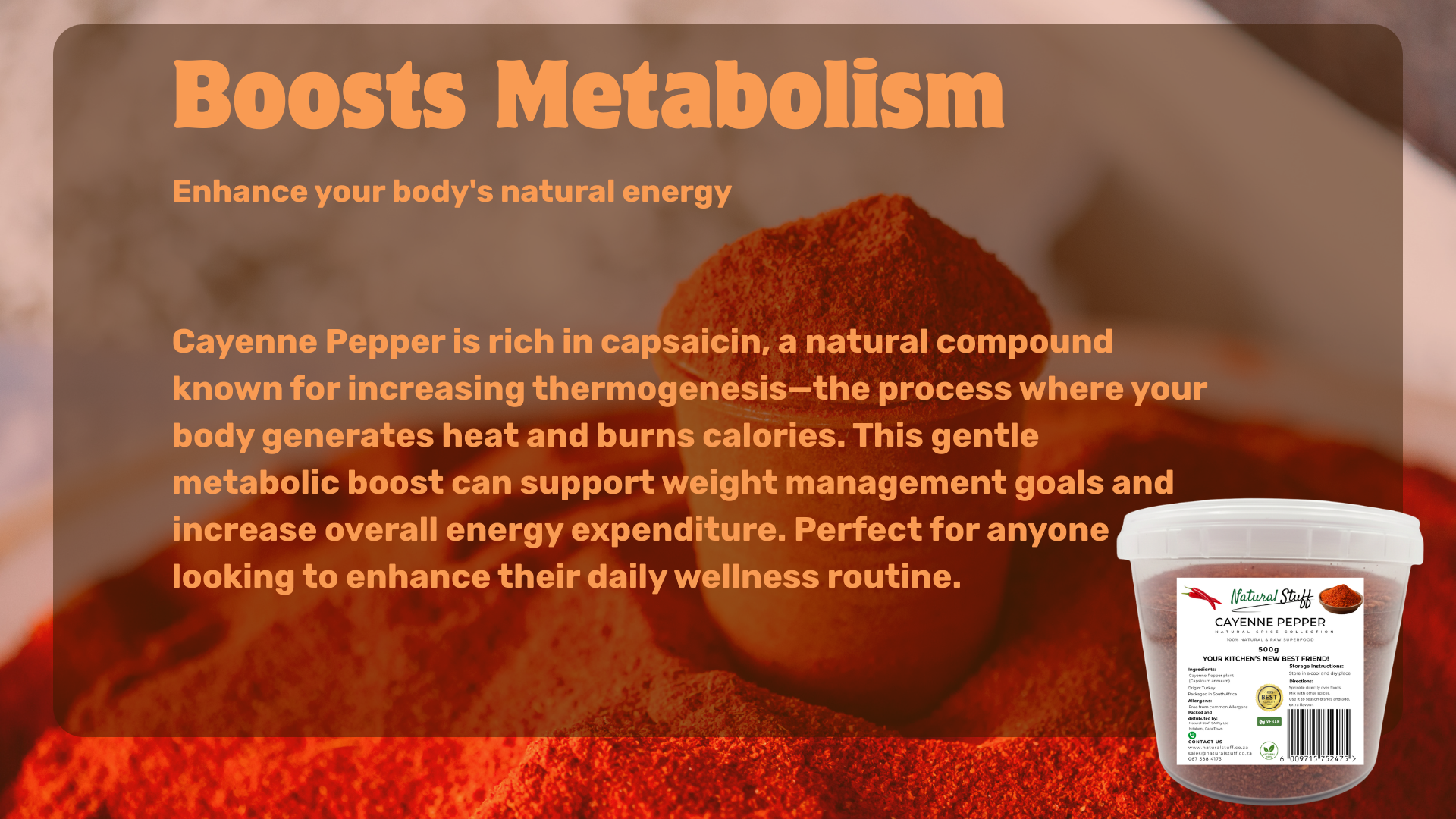 Cayenne pepper with text about boosting metabolism and weight management.
