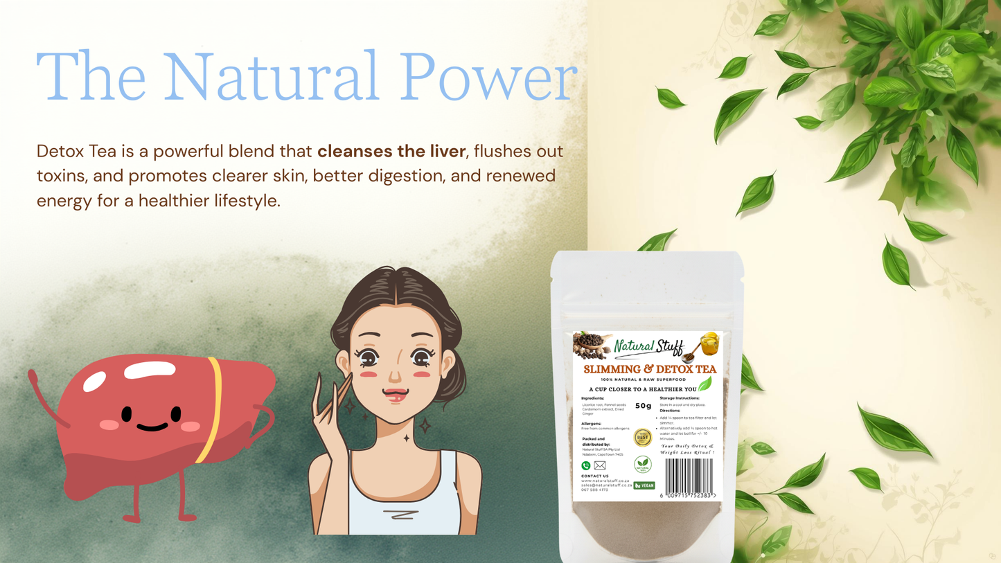 Detox tea packaging with a cartoon liver and woman, surrounded by green leaves on a light background.