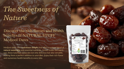 Medjool dates with a packaging label on a wooden surface, text about the sweetness of nature.