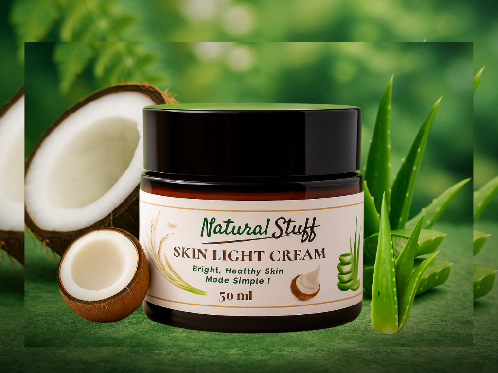 Jar of Natural Stuff Skin Light Cream with coconuts and aloe vera on a green background
