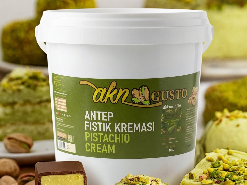 White bucket labeled 'akn Gusto' with pistachio cream product in the background