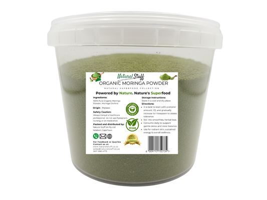 Container of organic moringa powder with a label on a white background