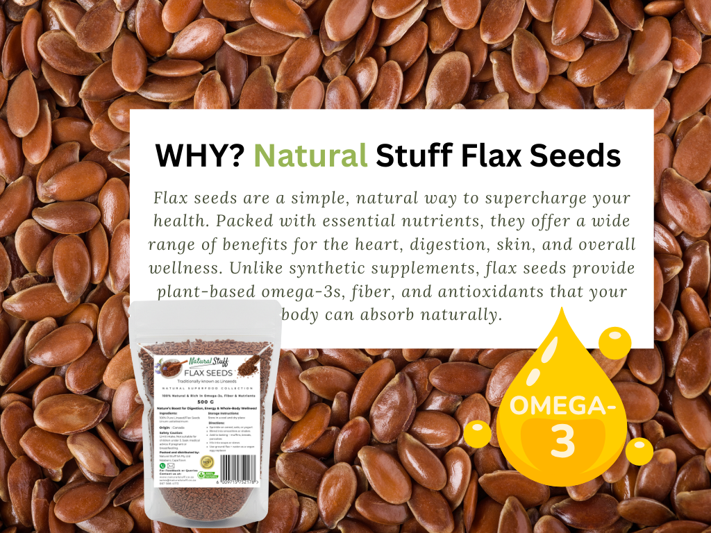 Flax seeds with a label explaining their health benefits and Omega-3 content.
