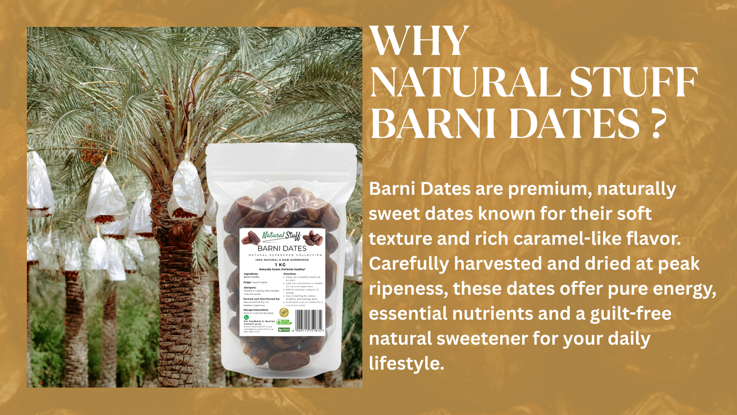 Barni Dates packaging with palm trees and promotional text on a brown background