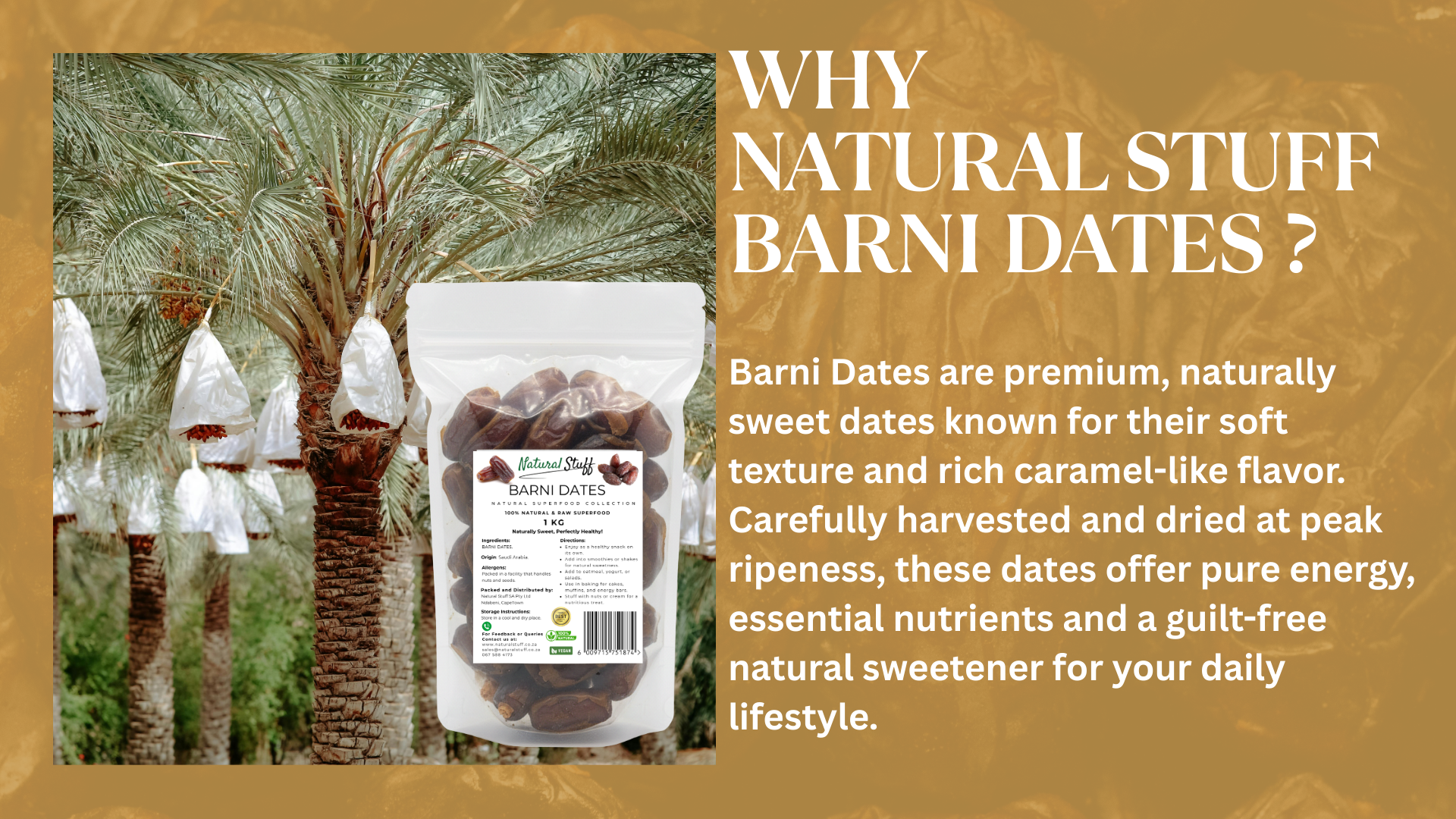 Barni Dates packaging with palm trees and promotional text on a brown background