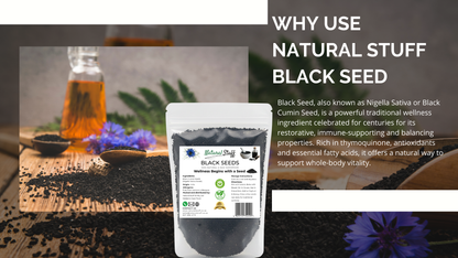 Black seed package with text on natural wellness benefits