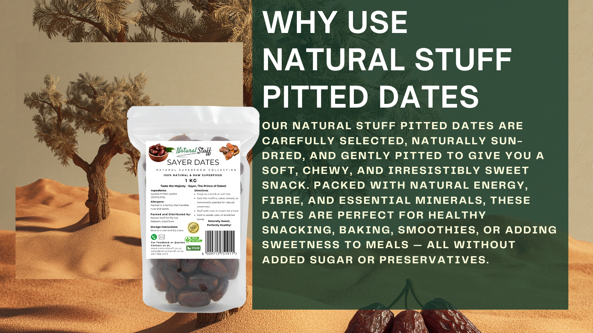 Packaging of natural pitted dates with desert landscape and text on a green background