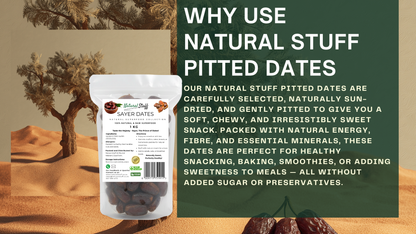 Packaging of natural pitted dates with desert landscape and text on a green background