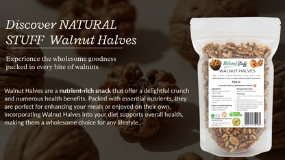 Packaging of Natural Stuff Walnut Halves with text about the product on a blurred background.