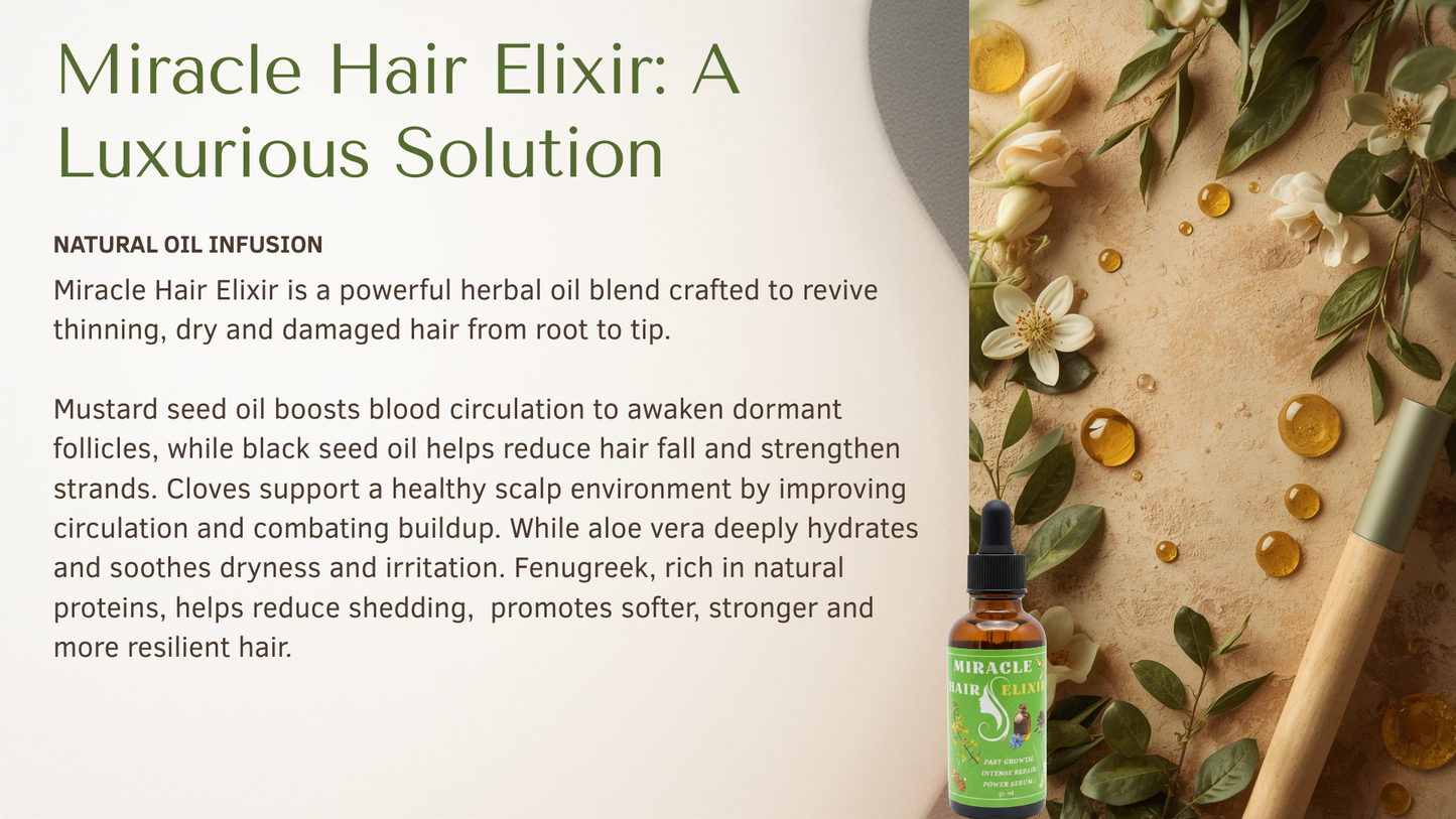 Advertisement for Miracle Hair Elixir with product and natural ingredients on a textured background